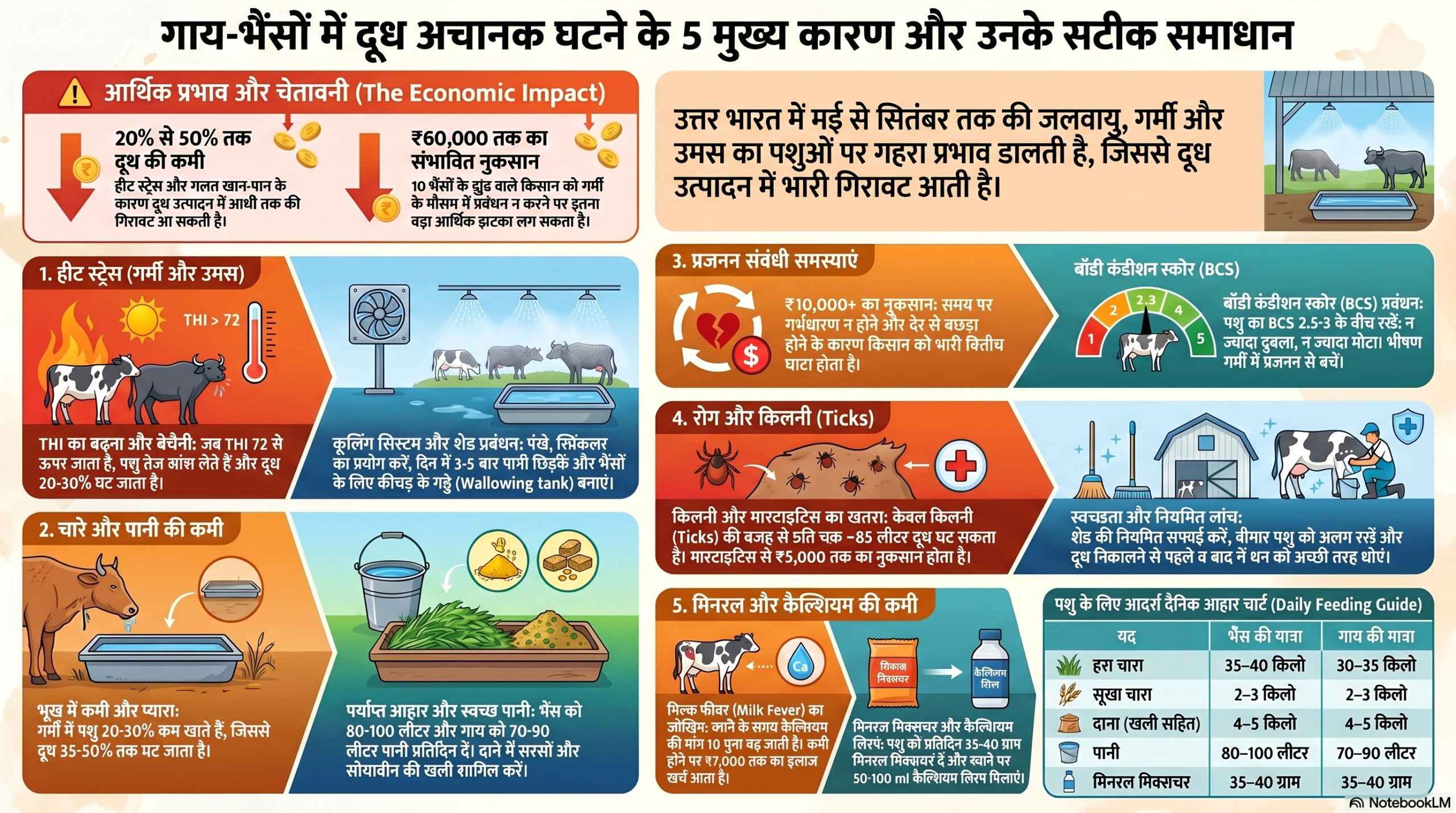 गाय‑भैंसों में दूध अचानक घटने के 5 कारण और उनके समाधान